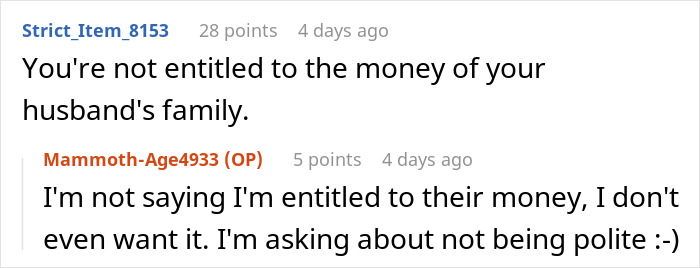 Screenshot of online discussion about expectations of money gifts from in-laws involving husband and family etiquette.