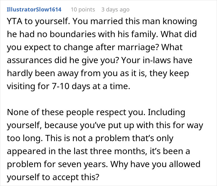 Commenter discusses wife feeling hurt and disrespected after husband approves family&rsquo;s extended 6-week stay without asking.