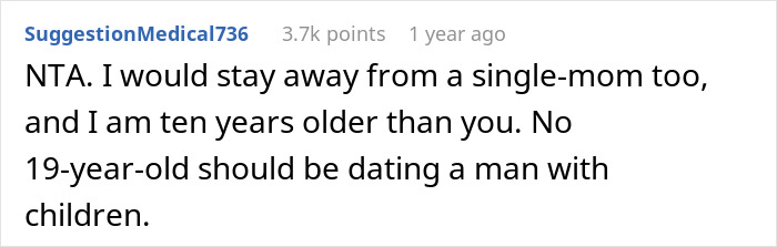 Comment discussing why a young woman should avoid dating a single dad, emphasizing age and parenting considerations.