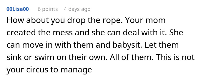 Comment discussing family expecting grandma to support them financially so wife can be a stay-at-home mom.