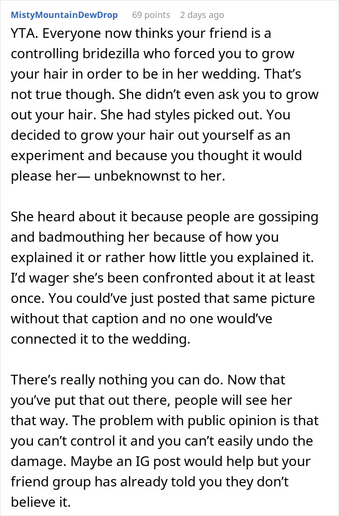 Reddit comment discussing a woman who buzzed her hair after a friend&rsquo;s wedding and rumors about forced hair growth.