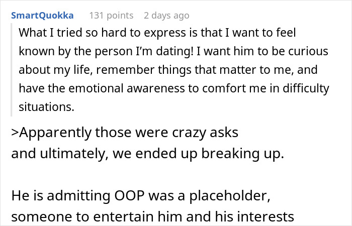 Screenshot of a Reddit post discussing romantic indifference where a boyfriend notes favorite foods but forgets his girlfriend's cat.