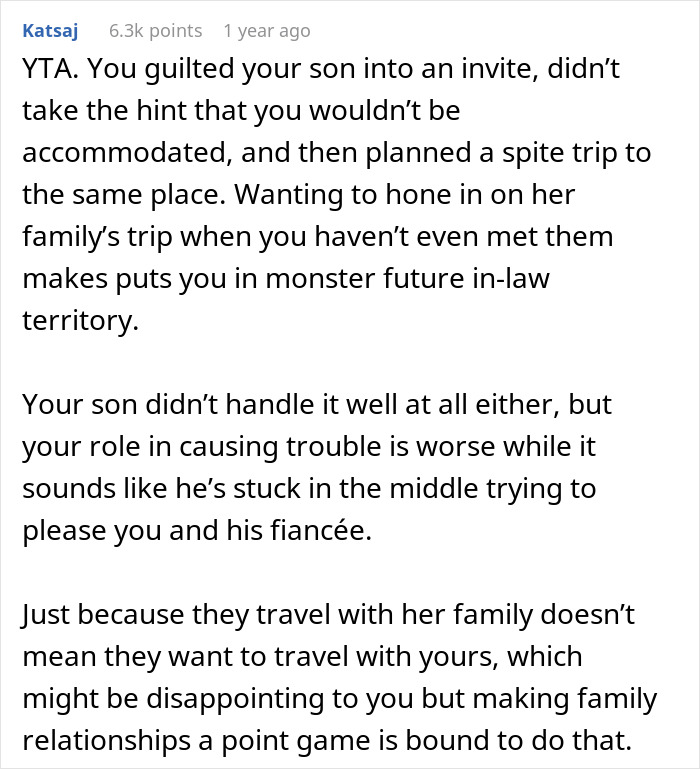 Comment discussing MIL planning a spite trip after son and DIL reject her, causing tension and anger in family relationships.