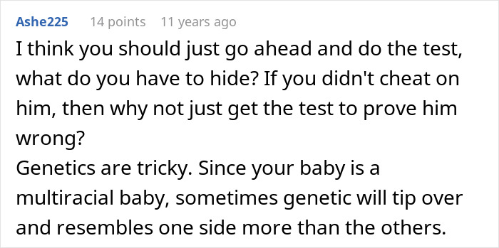 Comment discussing the importance of a secret paternity test and genetic traits in a multiracial newborn baby.