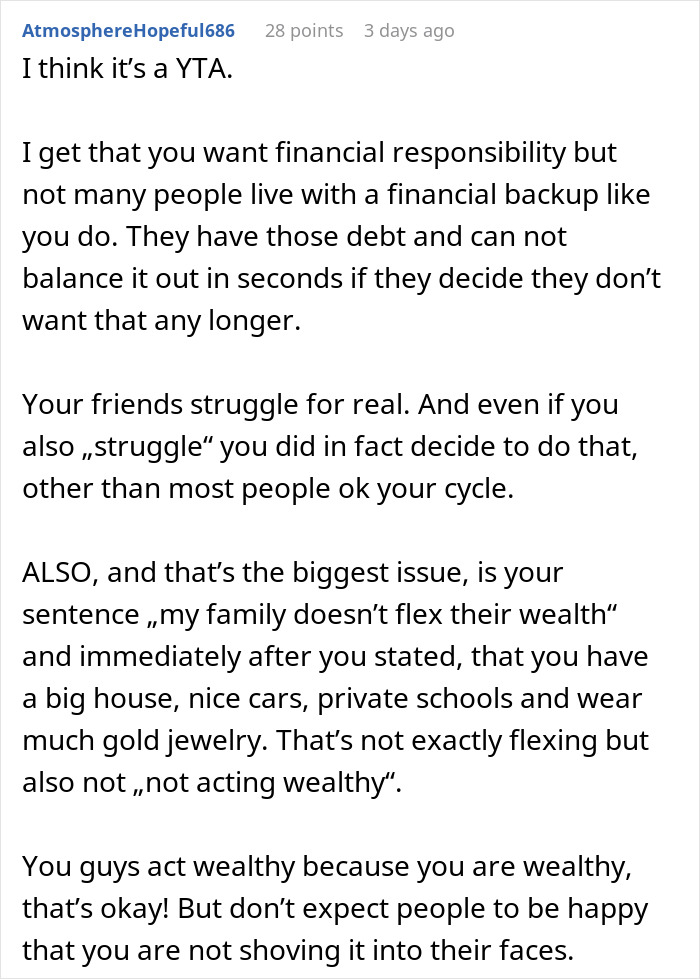 Text from a user discussing privilege and financial struggles, highlighting a wealthy woman failing to read the room and losing friends.