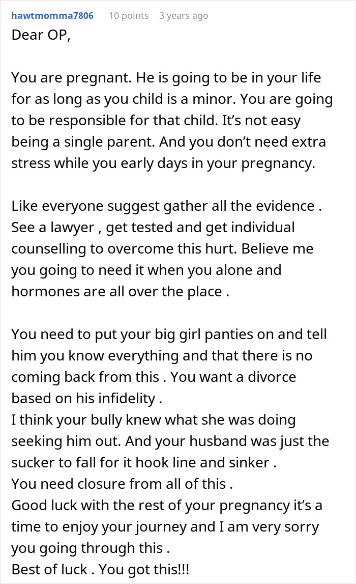 Reddit comment offering advice to a pregnant woman coping with husband&rsquo;s affair and single parenting challenges.