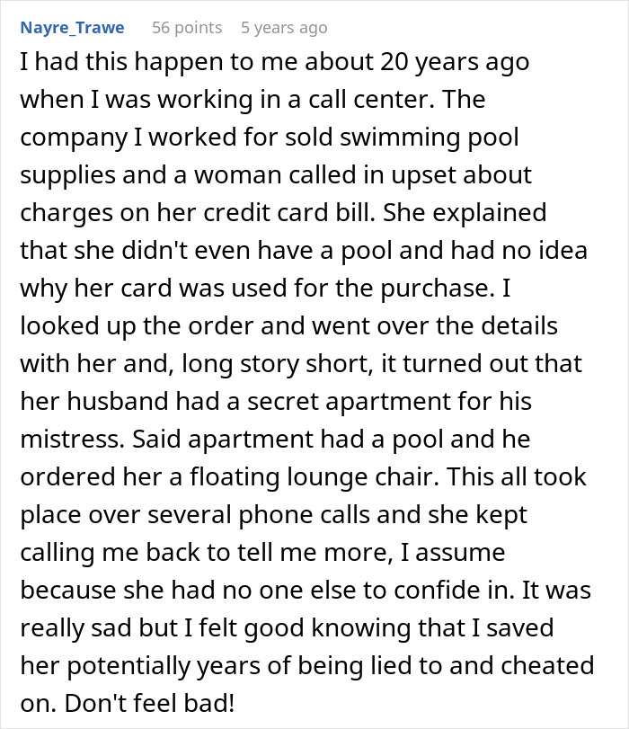 Text screenshot of a Reddit post sharing a story about an employee accidentally revealing a customer’s mistress, causing chaos and emotional fallout. Text screenshot of a Reddit post sharing a story about an employee accidentally revealing a customer’s mistress, causing chaos and emotional fallout.