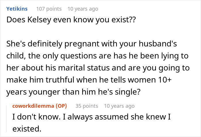 Screenshot of an online discussion about a man taking care of his pregnant coworker as a good deed.