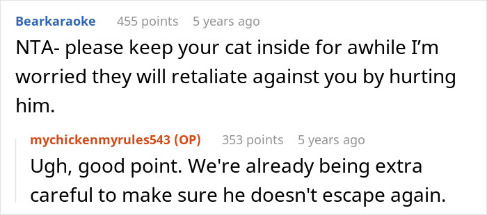 Online conversation about neighbors stealing cat and woman seeking help from sheriff dad over the issue.