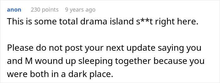 Screenshot of an online comment discussing drama involving a cheater hiding a one night stand from her boyfriend.