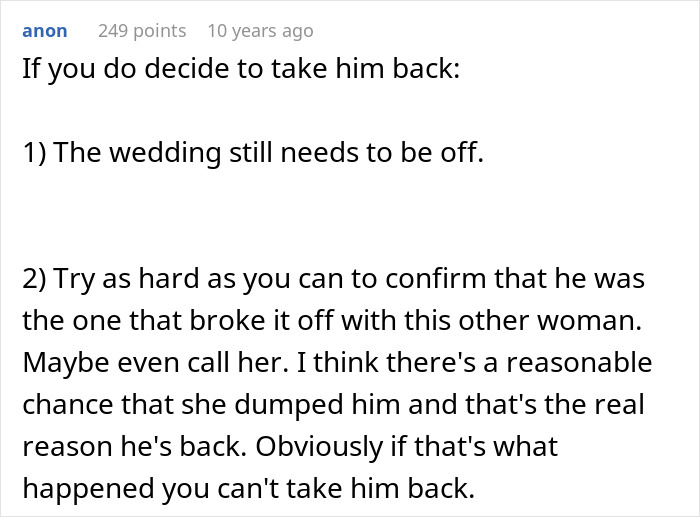 ALT text: Screenshot of advice discussing regret and warnings after a man ditches fianc&eacute;e chasing the one that got away.