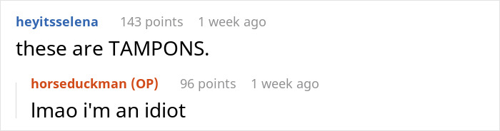 Text conversation showing a user clarifying that the items discussed are tampons, referencing Midol and bathroom stash debate.