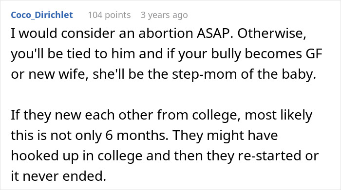 Comment warning about an affair, discussing consequences of pregnancy and relationship complications involving a bully girlfriend.