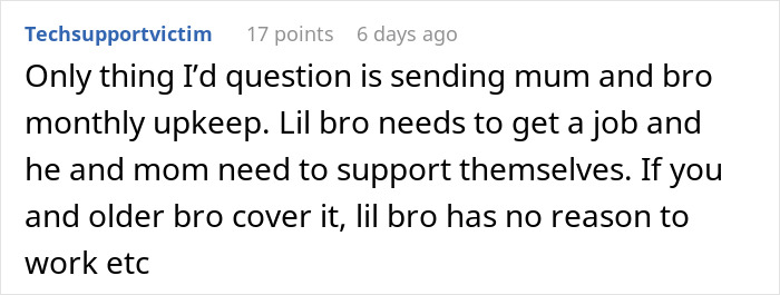 Comment discussing concerns about sending money to mum and brother and the impact on brother-inherited land money responsibility.