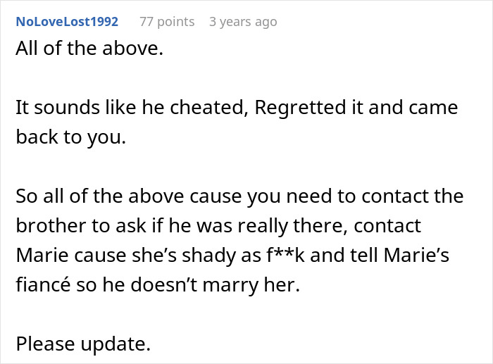 Comment discussing husband's cheating, regret, and advising to contact involved parties about suspicious behavior.