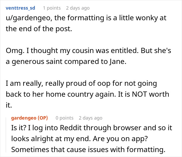 Reddit conversation discussing jobless 36YO dragging parents into competition with PhD cousin, losing life savings.