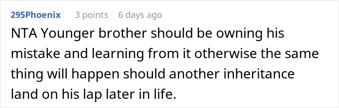 Comment text about younger brother needing to own his mistake with brother-inherited land money issues.