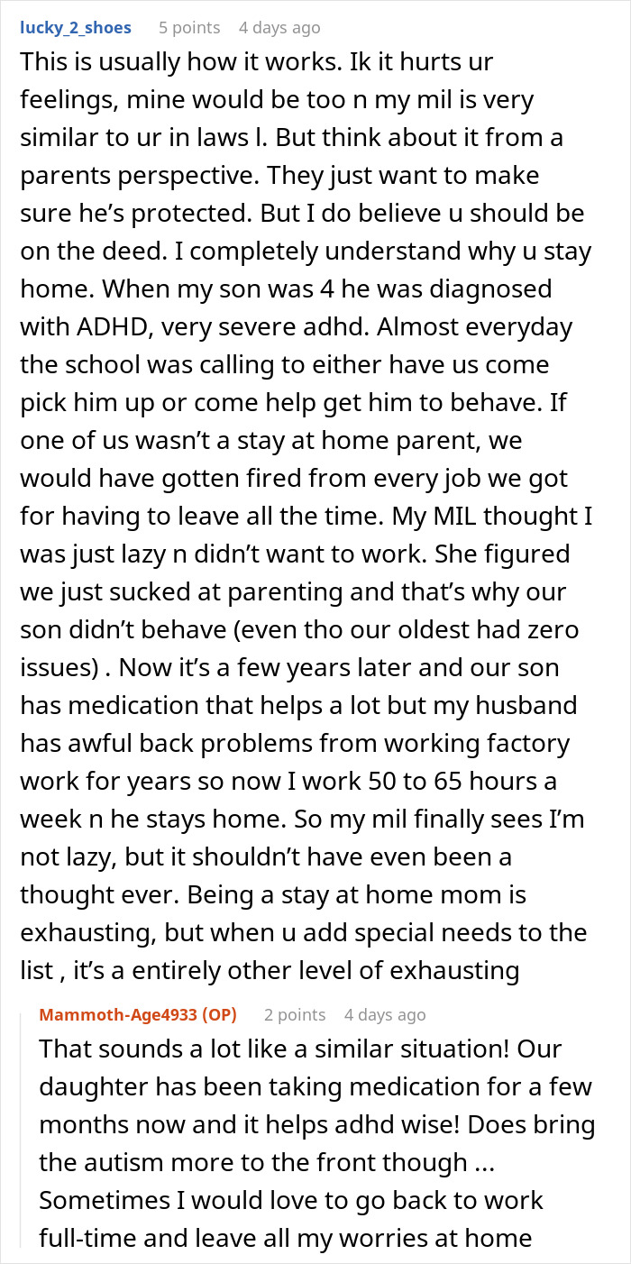 Commenter discusses challenges of being a stay-at-home parent with special needs child and in-laws' expectations about gifting money.