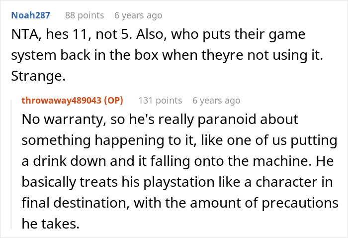 Reddit comments discussing an 11-year-old breaking a PS4 and the mom refusing to replace it.