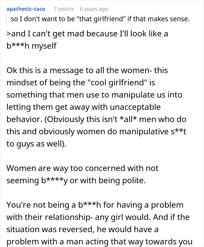 Text post about a woman struggling to coexist with her boyfriend&rsquo;s female friend, reflecting relationship regrets and manipulation.