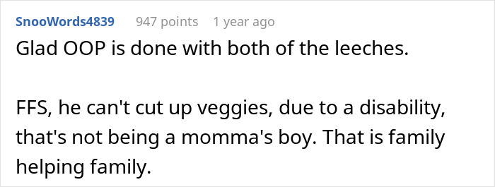 Comment discussing family support as a disabled person with one arm cannot cut vegetables independently.