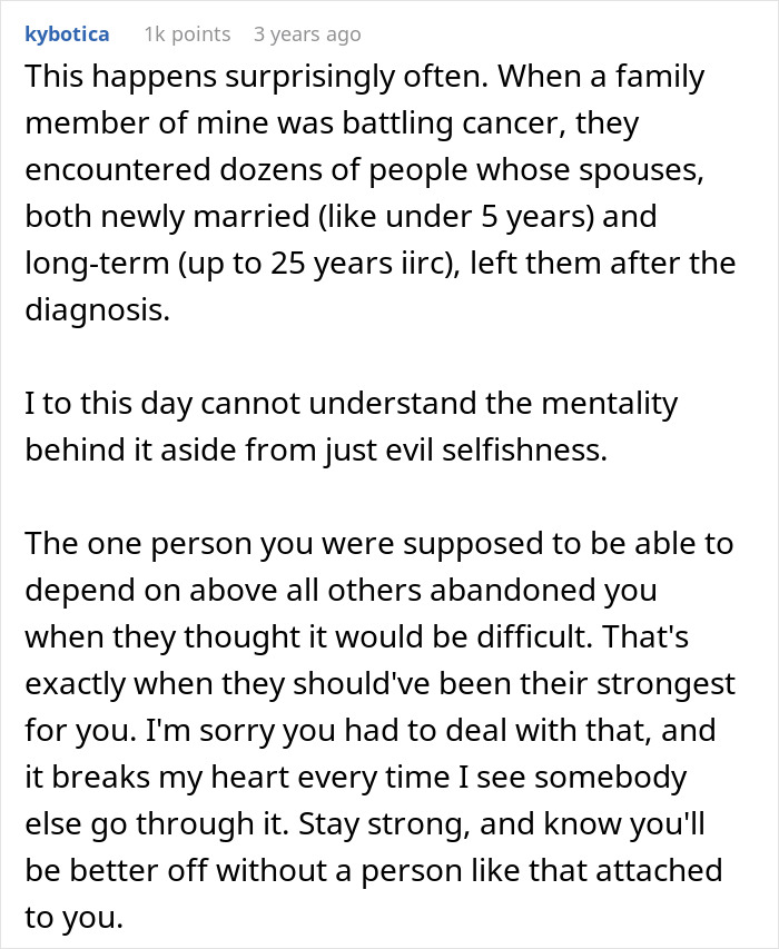 Comment discussing abandonment by spouses during hard times, reflecting on divorce and relationship reality check. Comment discussing abandonment by spouses during hard times, reflecting on divorce and relationship reality check.