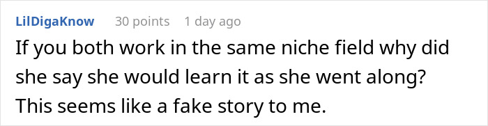 Comment from user LilDigaKnow questioning the authenticity of an emailing roommates boss stole portfolio story.