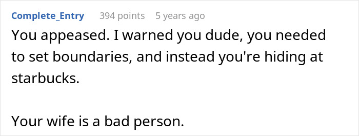 Text comment on a screen discussing a toxic wife humiliating her teacher husband during a Zoom session.