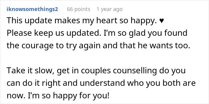 Screenshot of a heartfelt online comment expressing happiness about a man reconnecting with his ex and love story.