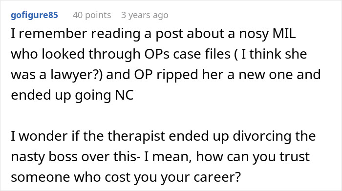 Woman confused how coworkers know personal details, discovering her therapist is secretly her boss's husband.