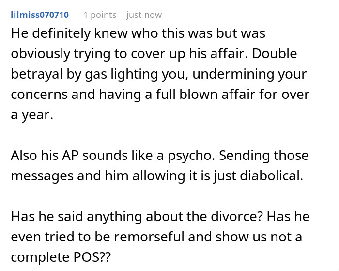 Screenshot of a forum comment discussing a woman suspecting her husband is a psychopath amid horrifying texts. Screenshot of a forum comment discussing a woman suspecting her husband is a psychopath amid horrifying texts.