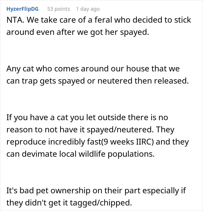 Comment discussing the importance of neutering neighbor cat stray to control reproduction and protect wildlife populations.