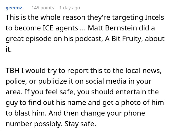 User comment discussing ICE agents and advice on reporting incidents related to a woman detained for speaking a foreign language. User comment discussing ICE agents and advice on reporting incidents related to a woman detained for speaking a foreign language.
