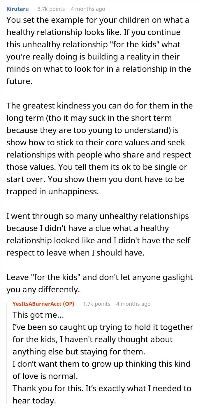 Text conversation on unhealthy relationships and leaving unhappy marriages to protect children&rsquo;s well-being and values.