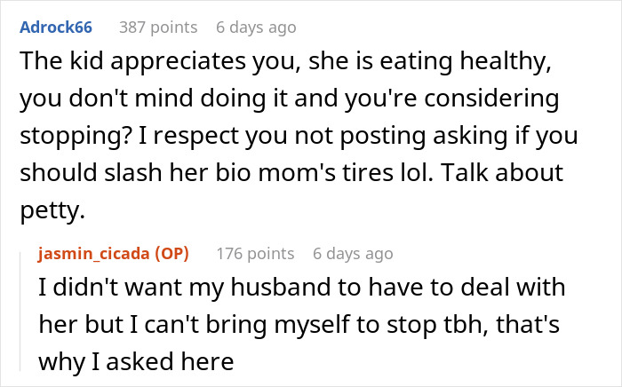 User comments discussing whether to refuse or stop making school lunches for a child who appreciates the effort and eats healthy.