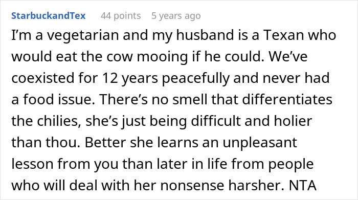 Screenshot of a Reddit comment discussing a vegan teen being made to cook meat as a lesson about food waste.