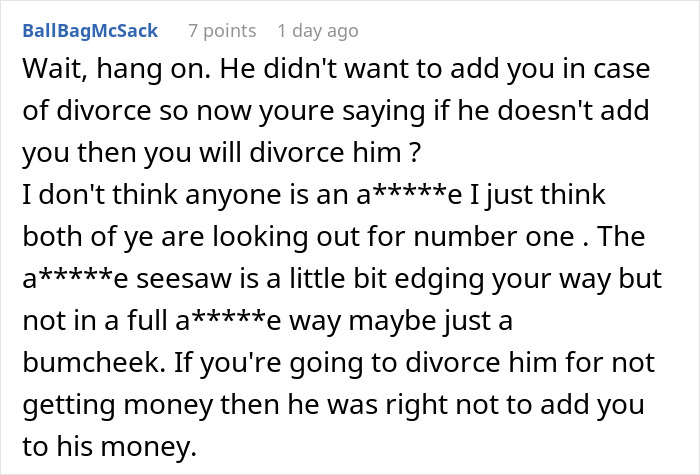Screenshot of a forum comment discussing a husband lying about inheritance and issues of divorce and money.