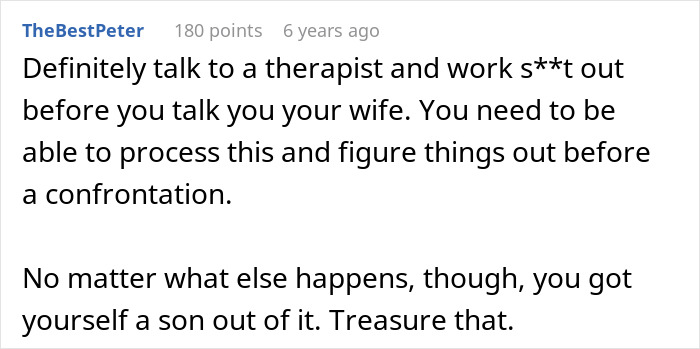 Comment advising to seek therapy before confronting wife about paternity doubts after meeting old friend.