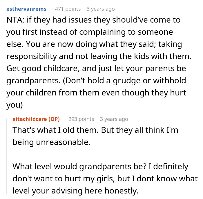 Reddit conversation about dad stopping grandparents from babysitting after hearing their true thoughts on childcare.