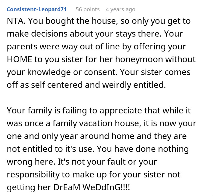Comment explaining boundary issues and entitlement in the bride’s honeymoon stay at sibling’s house conflict. Comment explaining boundary issues and entitlement in the bride’s honeymoon stay at sibling’s house conflict.