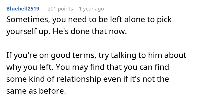 Reddit comment discussing love story advice about reconnecting with an ex and finding new relationship possibilities.