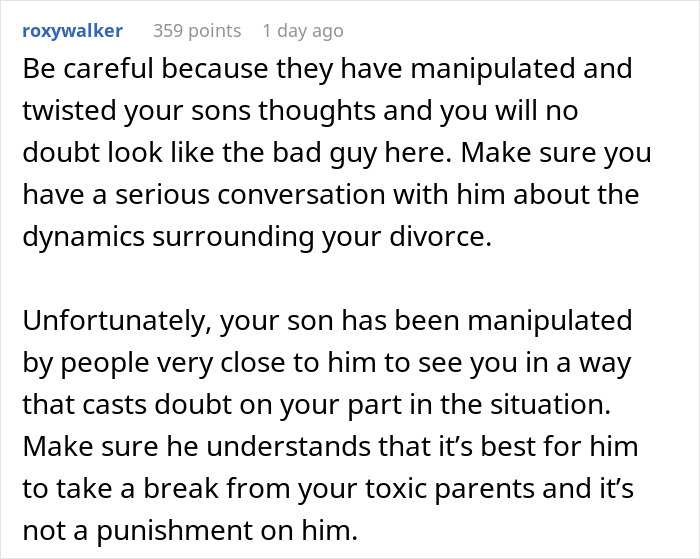 Comment warning about grandparents guilt tripping child over mom, dad describes cutting off toxic family influence.