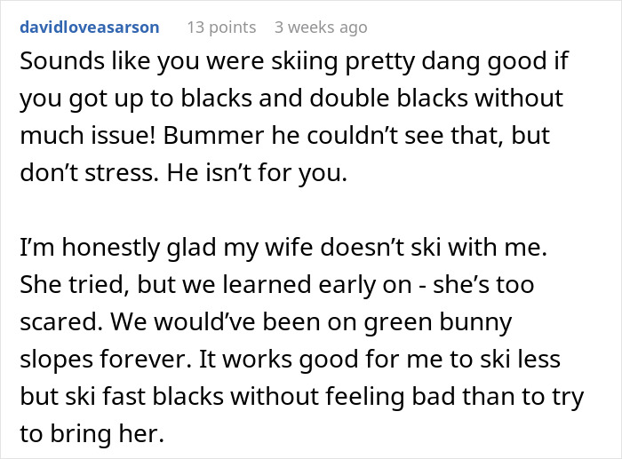 Text conversation about men abandoning partners during outdoor skiing activities and differences in skill levels.