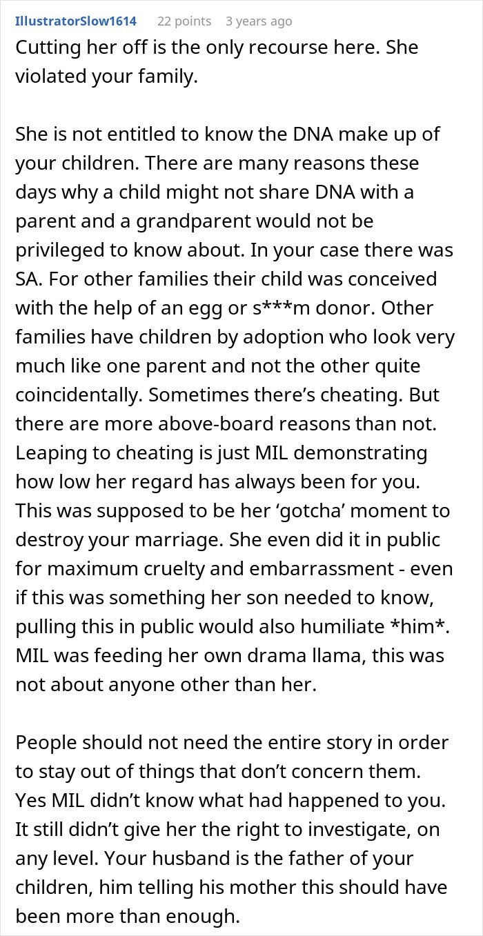 Comment on MIL secretly DNA testing grandkid, causing family conflict and trust issues over privacy violations.
