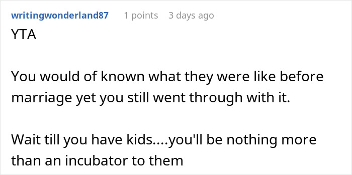 Comment highlighting wife feeling hurt and disrespected after husband approves family&rsquo;s six-week stay without consulting her.