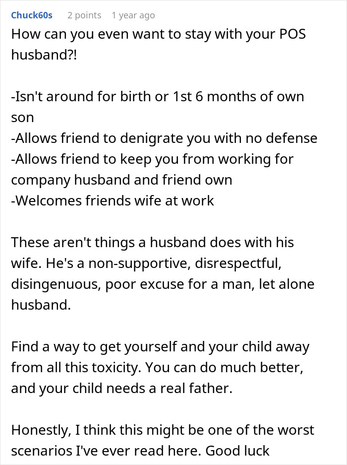 Comment discussing a toxic husband and friend who sabotages a marriage, urging divorce for the wife's well-being.