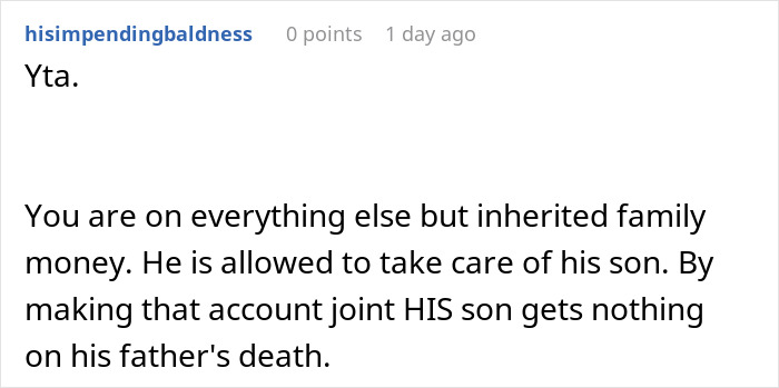 Comment discussing husband lying about inheritance and leaving wife who takes care of him with nothing.