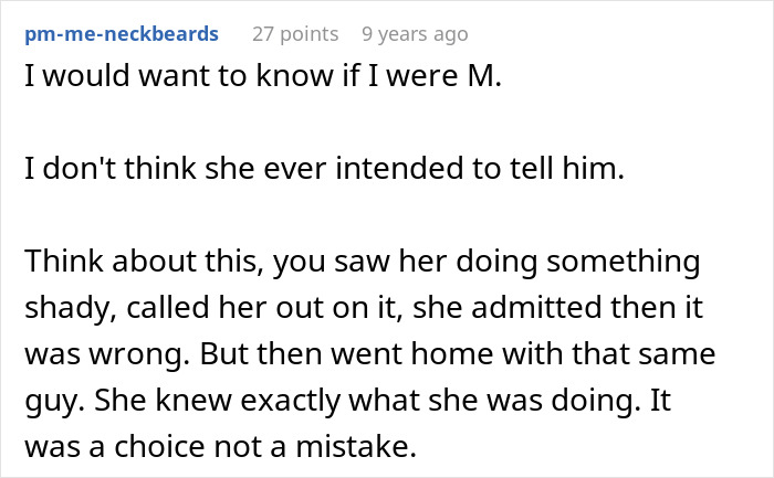Screenshot of a Reddit comment discussing cheating, hiding a one night stand, and a friend threatening to expose the secret.