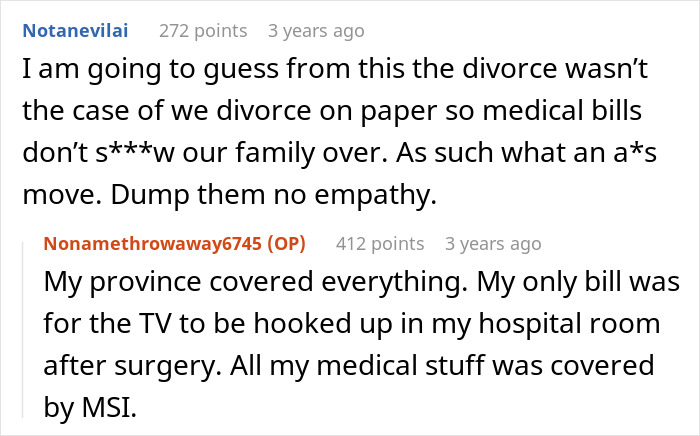 Screenshot of a conversation about a man abandoning his husband during a hard time and the divorce reality check. Screenshot of a conversation about a man abandoning his husband during a hard time and the divorce reality check.