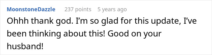 Screenshot of an online comment expressing relief and support with casual language and positive tone.